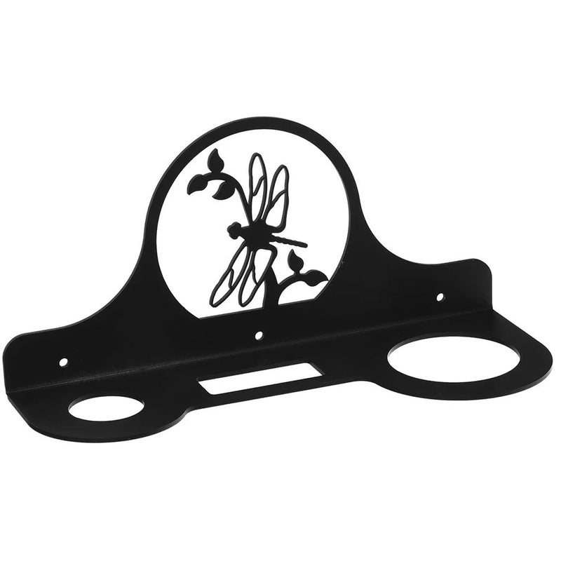 Dragonfly Hair Dryer Organizer in black metal with cutout dragonfly design, featuring slots for dryer and accessories. Ideal for compact bathroom storage.