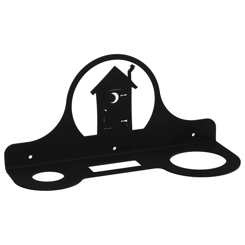 Outhouse Hair Dryer Holder - Space Saver Rack with black metal design featuring a cutout of an outhouse. Fits multiple dryer sizes for bathroom storage.