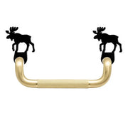 Gold cabinet pull handle with moose silhouettes on each end, blending wildlife themes with elegant cabinet hardware.