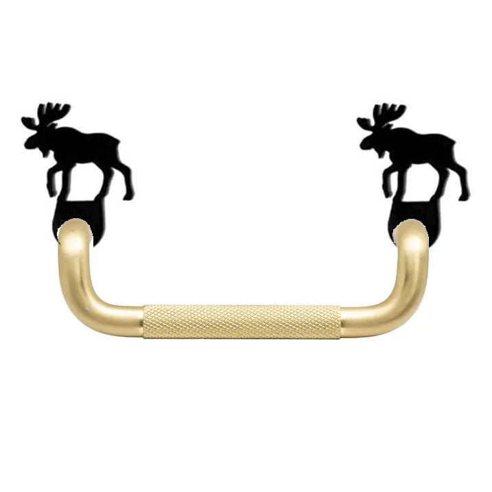 Gold cabinet pull handle with moose silhouettes on each end, blending wildlife themes with elegant cabinet hardware.