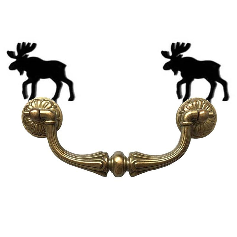 Brass cabinet handle with moose silhouette ends, combining rustic charm with functional cabinet hardware design.