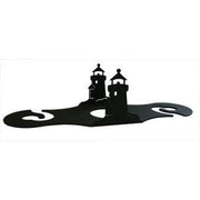 Black metal Lighthouse Wine Caddy with dual lighthouse design, fits over wine bottle neck and holds two glasses for stylish storage.