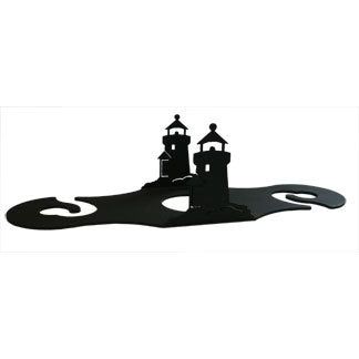 Black metal Lighthouse Wine Caddy with dual lighthouse design, fits over wine bottle neck and holds two glasses for stylish storage.