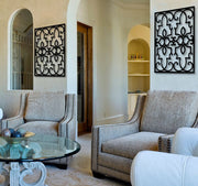 Modern Wall Art Style 199 displayed in a living room setting, enhancing decor with elegant black scrollwork, 23x32 inches in size.