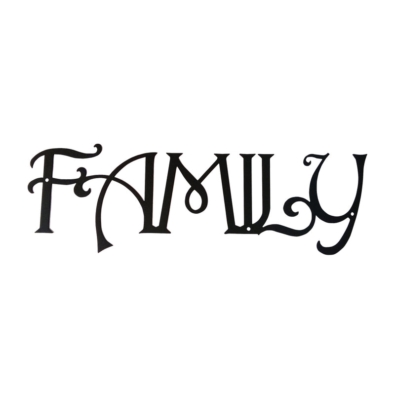 Family Wall Art Décor in black metal with elegant script font, sized 20 9/16 x 6 5/8 inches, ideal for home decorative plaques.