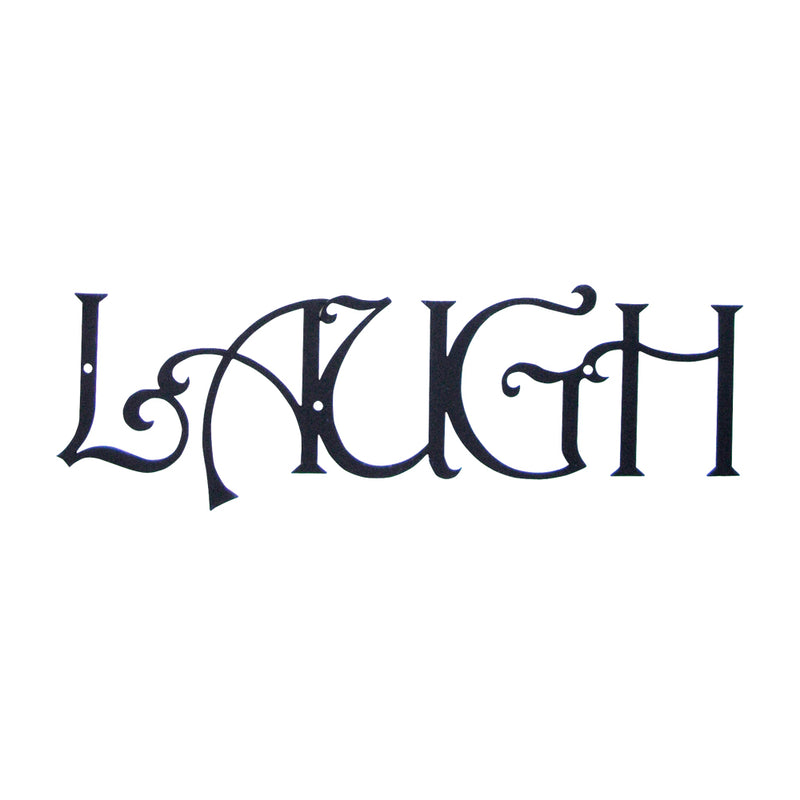Wall Art LAUGH 20x6 - Creative Design in black metal with ornate lettering, ideal for home decor in living rooms or entryways.