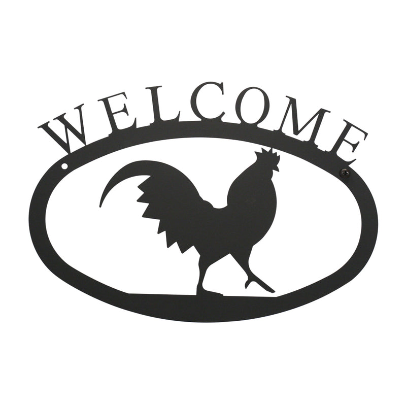 Rooster Welcome Sign Large in black metal with silhouette design, 17.5x12.5 in, perfect wall décor for home or garden entryways.