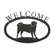 Dog welcome sign in black metal with large pet silhouette and 'WELCOME' text, ideal 17x12 inch wall décor for home or garden entrances.