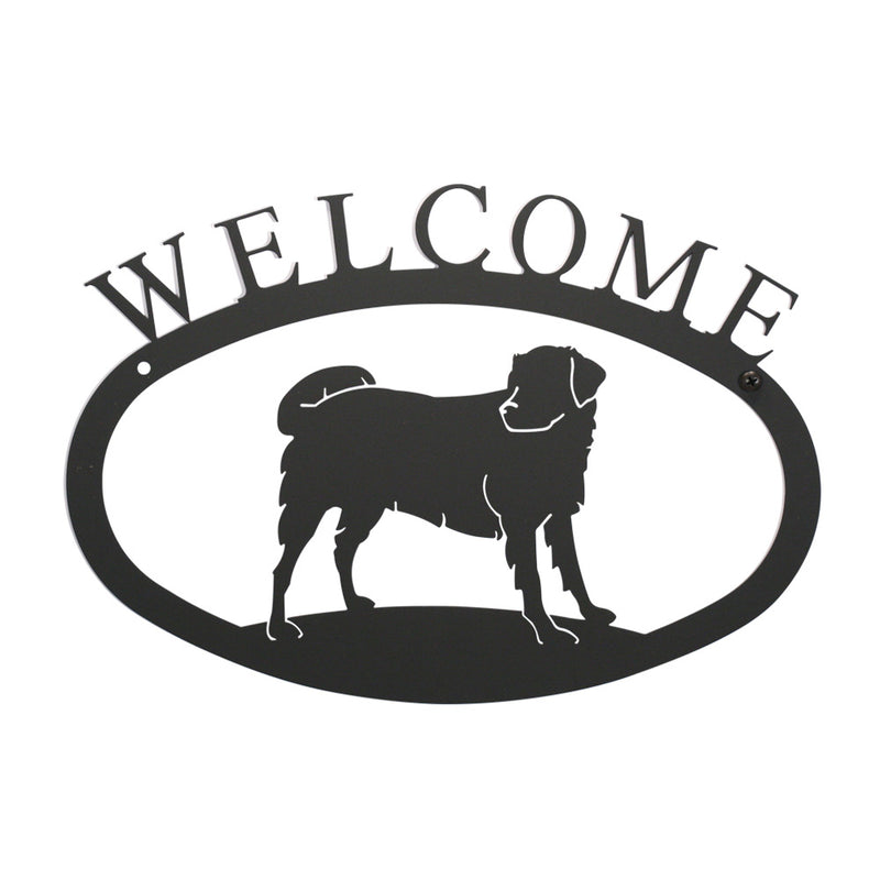 Dog welcome sign in black metal with large pet silhouette and 'WELCOME' text, ideal 17x12 inch wall décor for home or garden entrances.