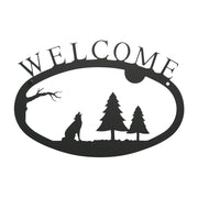 Timber Wolf Welcome Sign - Outdoor Decor featuring howling wolf, pine trees, and moon silhouette. Ideal rustic wall décor for home or garden entryways.