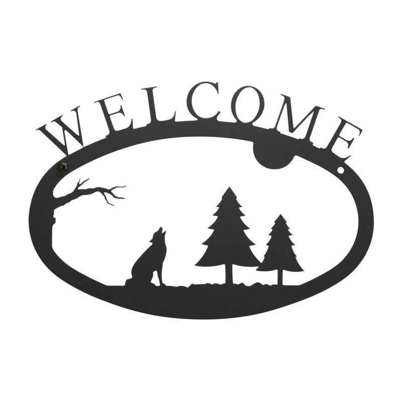 Timber Wolf Welcome Sign - Outdoor Decor featuring howling wolf, pine trees, and moon silhouette. Ideal rustic wall décor for home or garden entryways.