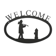 Large firefighter welcome sign in black metal with silhouette of fireman and hydrant, measuring 17.5 x 12.5 inches for home wall décor.