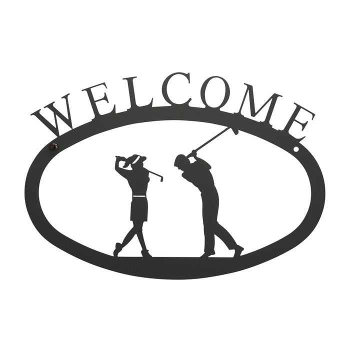 Grand panneau de bienvenue pour deux golfeurs