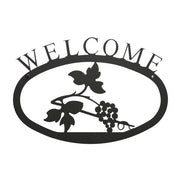 Large Grapevine Welcome Sign in black metal with vine and grape design, measuring 17.5x12.5 inches for home or garden wall décor.