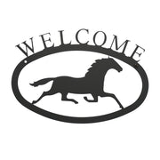 Large Running Horse Welcome Sign in black metal, ideal wall décor for horse lovers. Perfect for home or garden entryways, 17.5x12.5 inches.