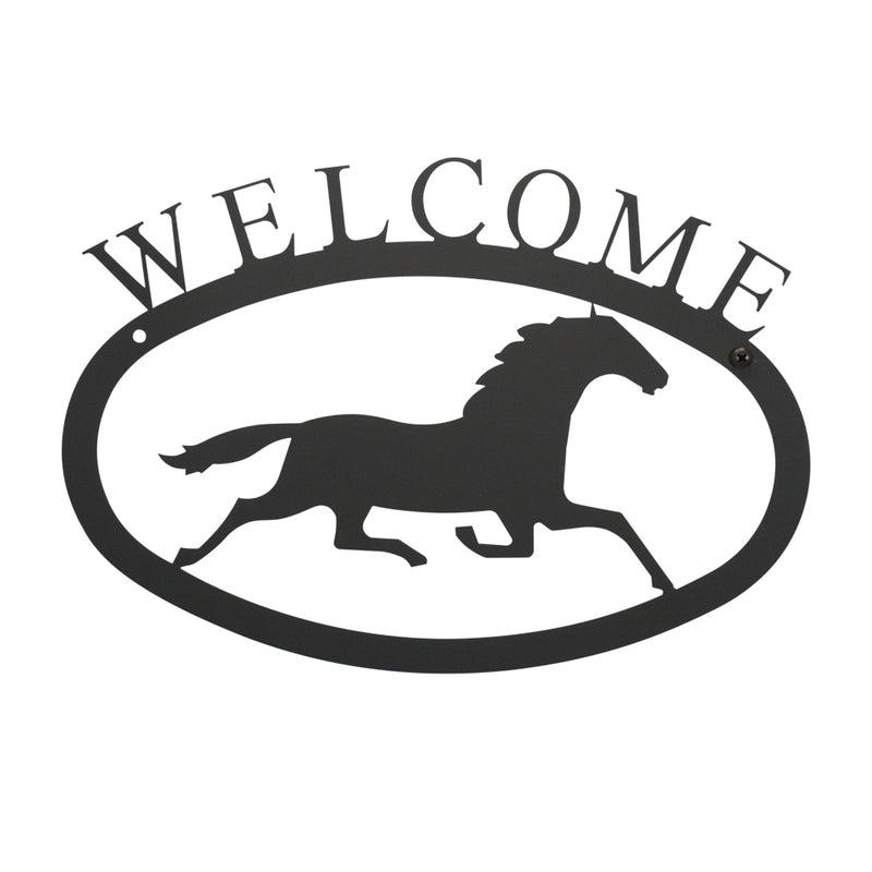 Large Running Horse Welcome Sign in black metal, ideal wall décor for horse lovers. Perfect for home or garden entryways, 17.5x12.5 inches.