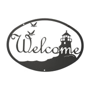 Lighthouse Birds Welcome Sign in medium size 12In x 8 3/8In, black metal cutout design with birds and lighthouse motif for home and garden wall décor.