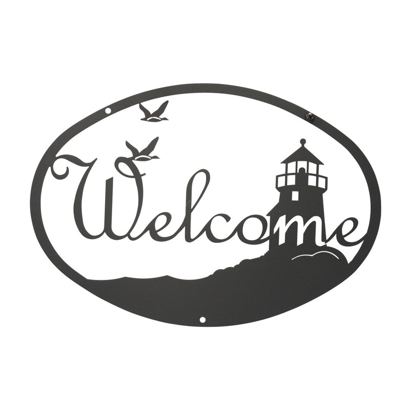 Lighthouse Birds Welcome Sign in medium size 12In x 8 3/8In, black metal cutout design with birds and lighthouse motif for home and garden wall décor.
