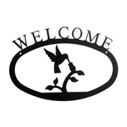 Hummingbird Welcome Sign Small metal wall décor featuring a silhouette of a hummingbird feeding on a flower, ideal for outdoor garden entrances.