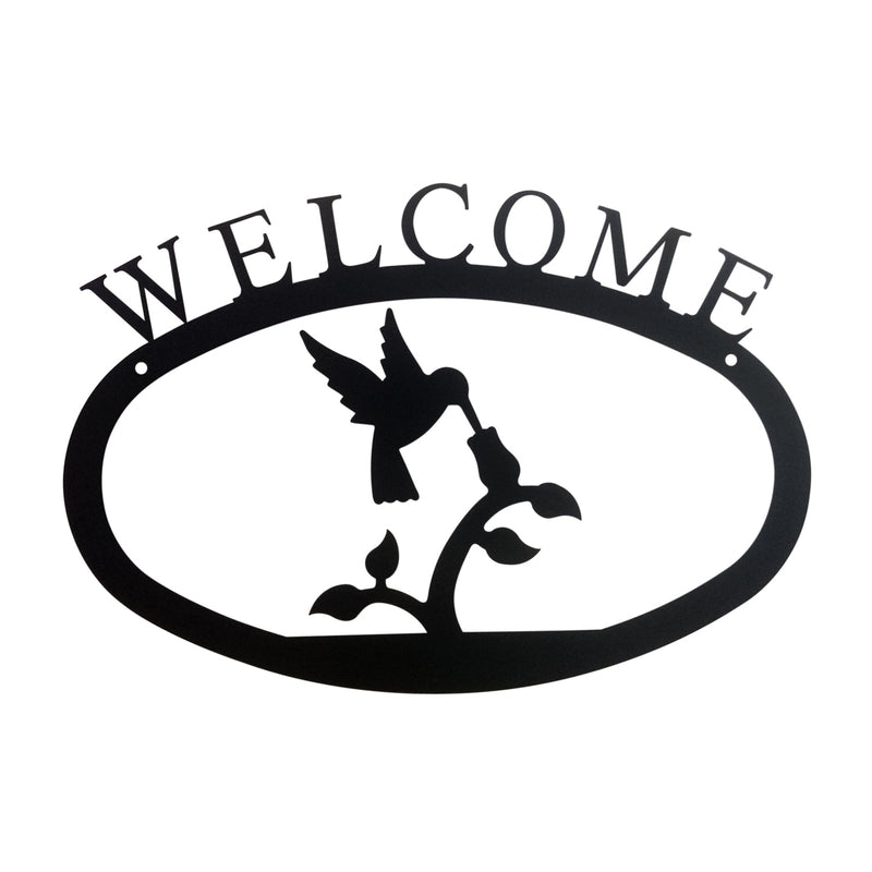Hummingbird Welcome Sign Small metal wall décor featuring a silhouette of a hummingbird feeding on a flower, ideal for outdoor garden entrances.
