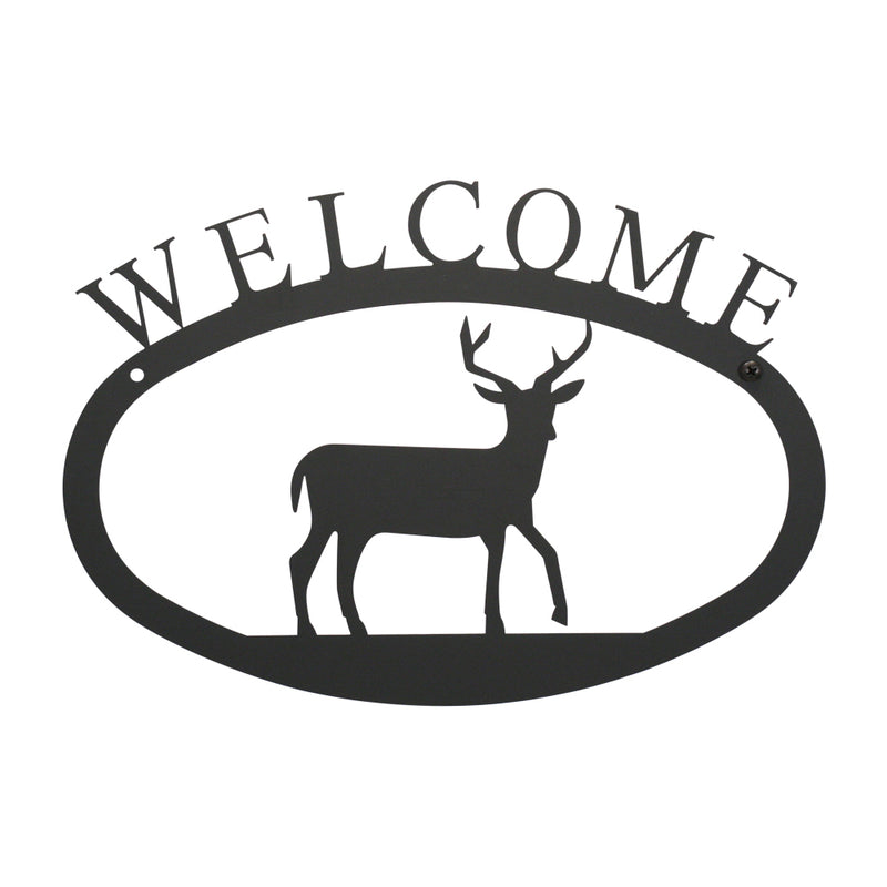 Deer Welcome Sign - Large outdoor wall décor featuring a silhouette of a deer and bold 'WELCOME' text, ideal for home entrances or garden areas.