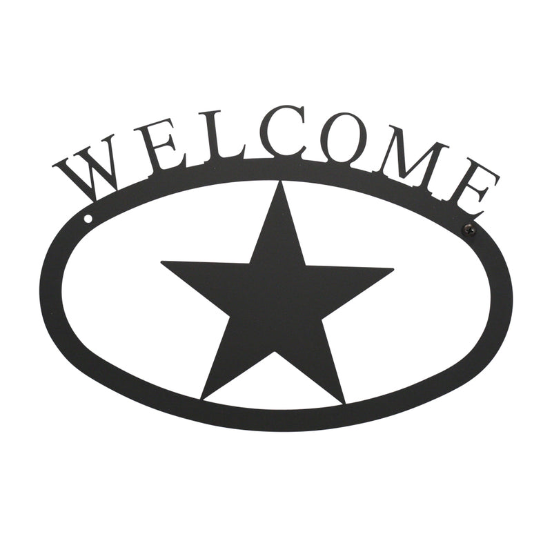 Star Welcome Sign Large in black metal with bold star and 'WELCOME' text, ideal for enhancing entryway decor on front doors or porches.
