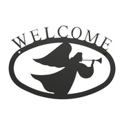 Angel Welcome Sign Large features a black metal silhouette of an angel blowing a trumpet under the word 'WELCOME'. Ideal for home or garden décor.