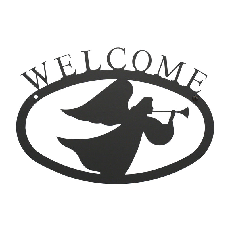Angel Welcome Sign Large features a black metal silhouette of an angel blowing a trumpet under the word 'WELCOME'. Ideal for home or garden décor.