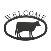Large Cow Welcome Sign - 17.5 x 12.5 in metal wall décor featuring a cow silhouette and 'WELCOME' text, ideal for home entrances or gardens.