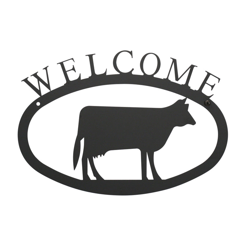 Large Cow Welcome Sign - 17.5 x 12.5 in metal wall décor featuring a cow silhouette and 'WELCOME' text, ideal for home entrances or gardens.