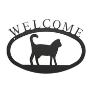 Cat Welcome Sign - Large Option features a black metal silhouette of a cat with 'WELCOME' text, ideal wall décor for cat lovers. Measures 17 1/2 In. W x 12 1/2 In. H.