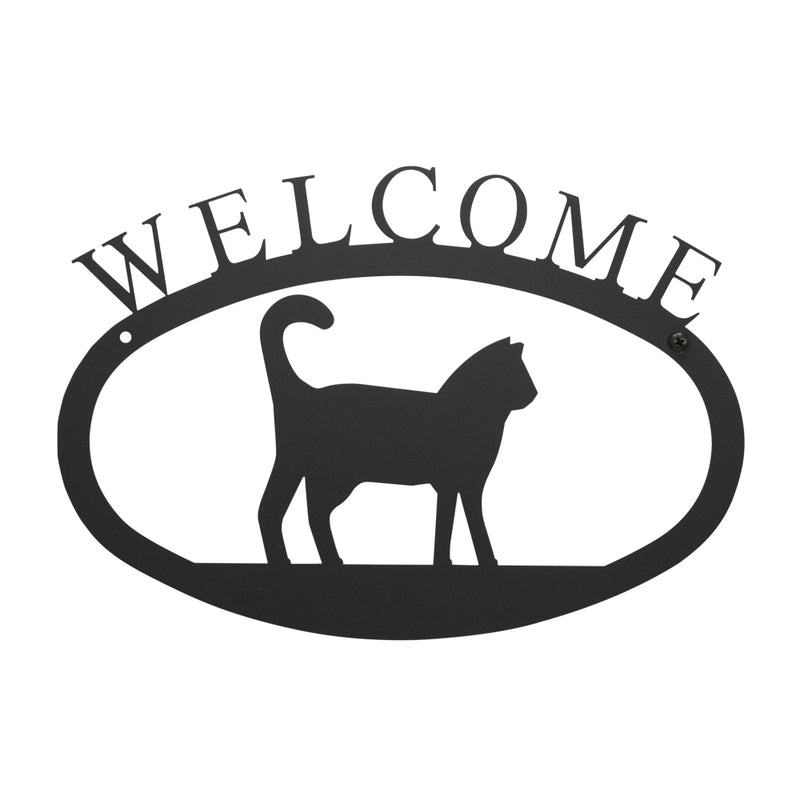 Cat Welcome Sign - Large Option features a black metal silhouette of a cat with 'WELCOME' text, ideal wall décor for cat lovers. Measures 17 1/2 In. W x 12 1/2 In. H.