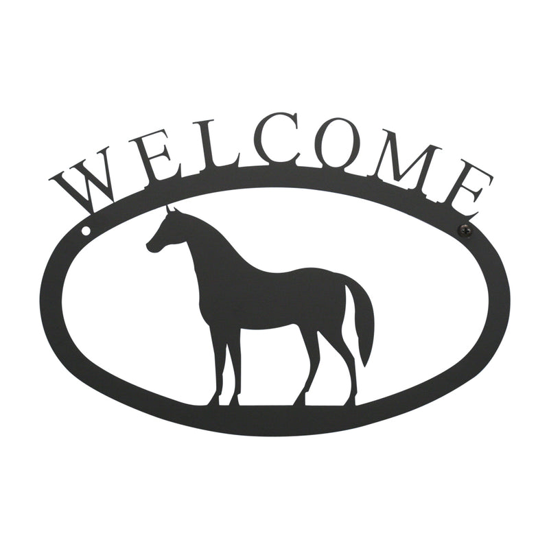 Horse Welcome Sign Large - Entry Decor | 17x12 Inches metal wall décor featuring a horse silhouette and 'Welcome' text, ideal for entrances.