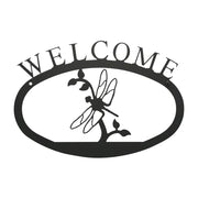 Dragonfly Welcome Sign Large - 17.5x12.5 Inch black metal wall décor featuring a dragonfly on a branch with 'WELCOME' text, ideal for entryways.