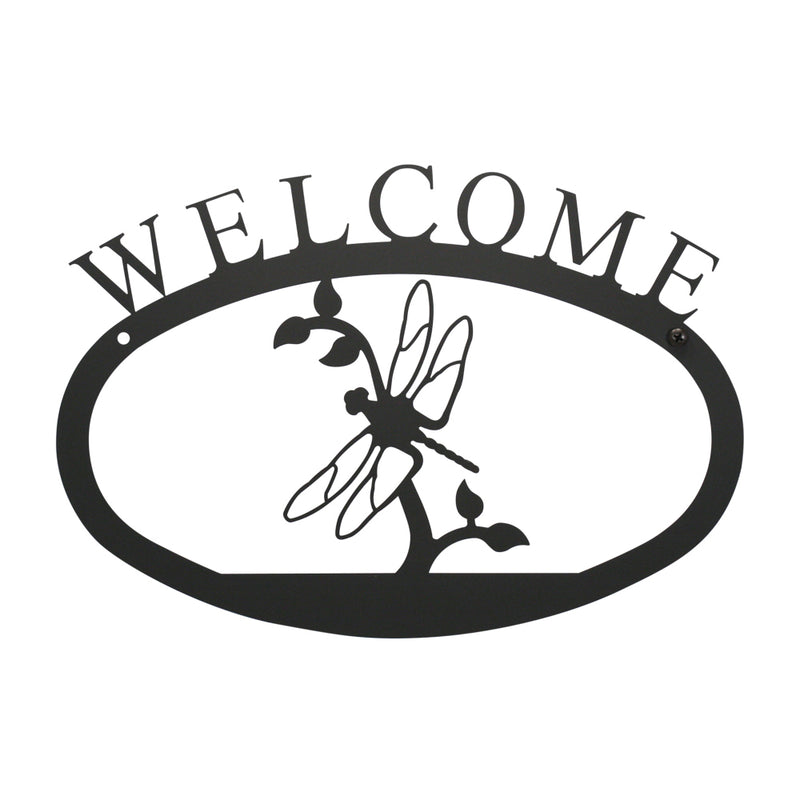 Dragonfly Welcome Sign Large - 17.5x12.5 Inch black metal wall décor featuring a dragonfly on a branch with 'WELCOME' text, ideal for entryways.