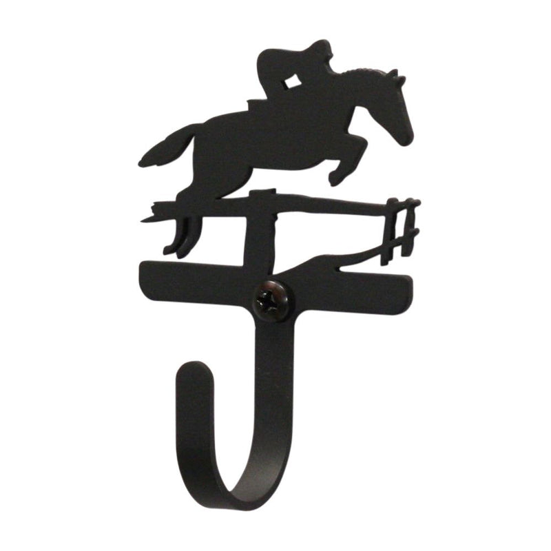 Jumper Horse Wall Hook Small features a black metal silhouette of a horse and rider jumping over a fence. Ideal for organizing keys or leashes in equestrian-themed spaces.