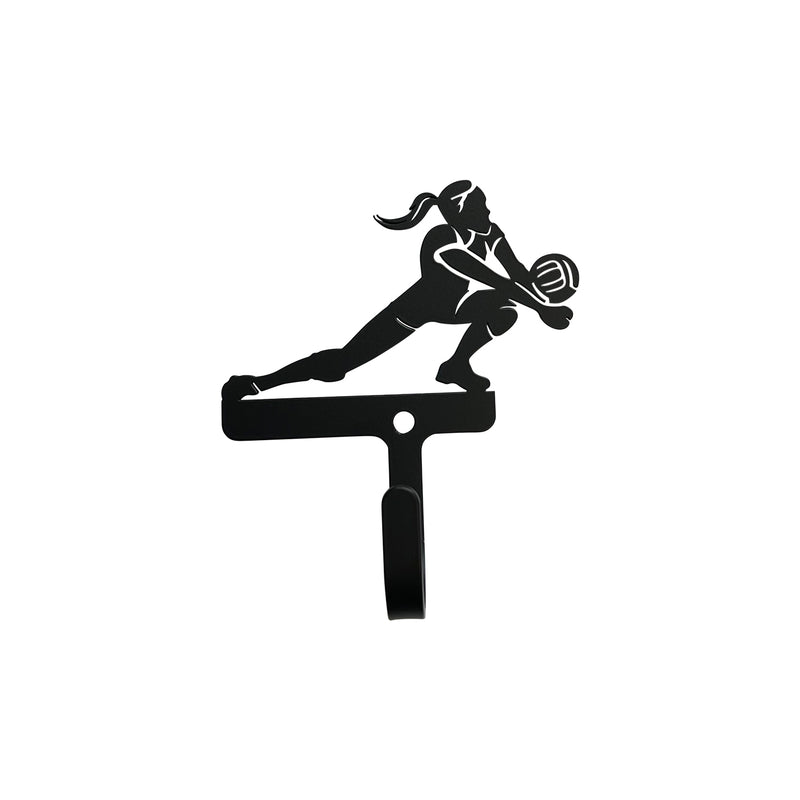 Volleyball Hook for Women - Space Saver features a sleek black metal design with a female volleyball player silhouette, ideal for compact wall storage.