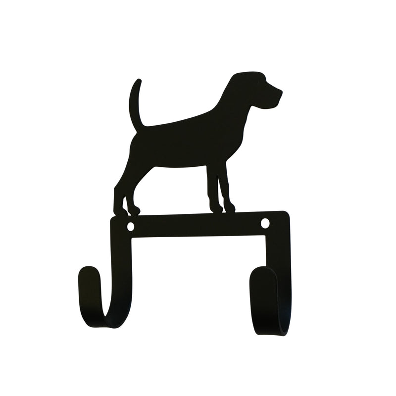 Beagle leash collar hook wall mount with double hooks in black metal. Strong and stylish dog-shaped design for organizing pet accessories.