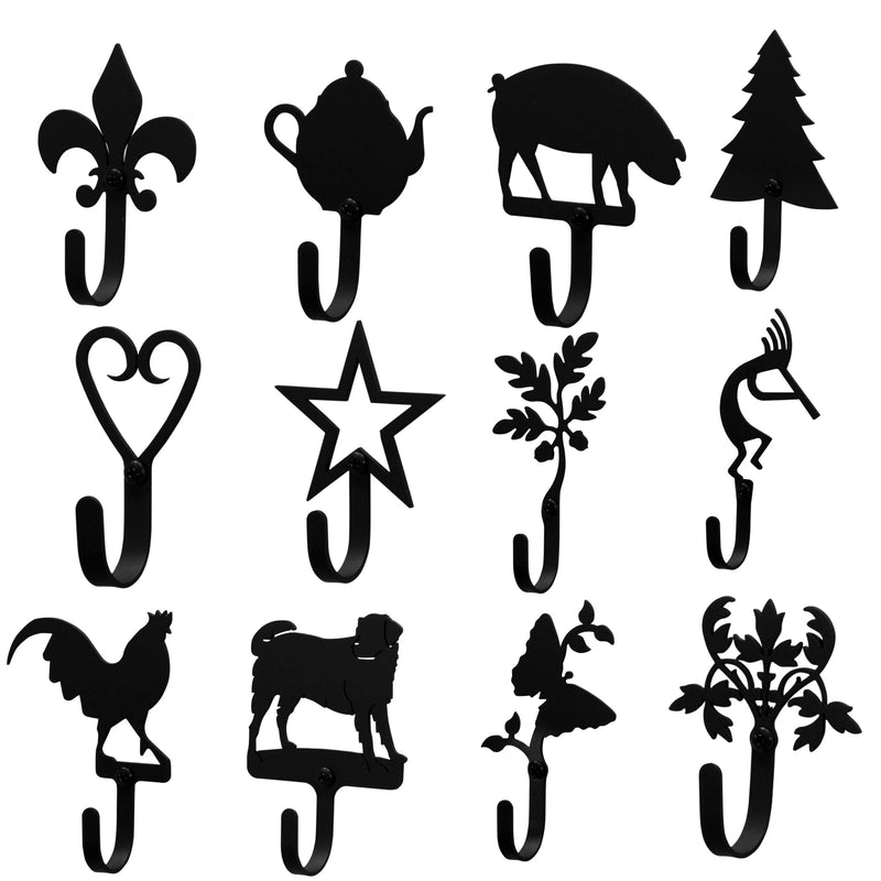 Extra Small Wall Hook Assortment of 10 featuring decorative black metal designs including animals, stars, and nature motifs. Ideal for organizing keys or accessories.