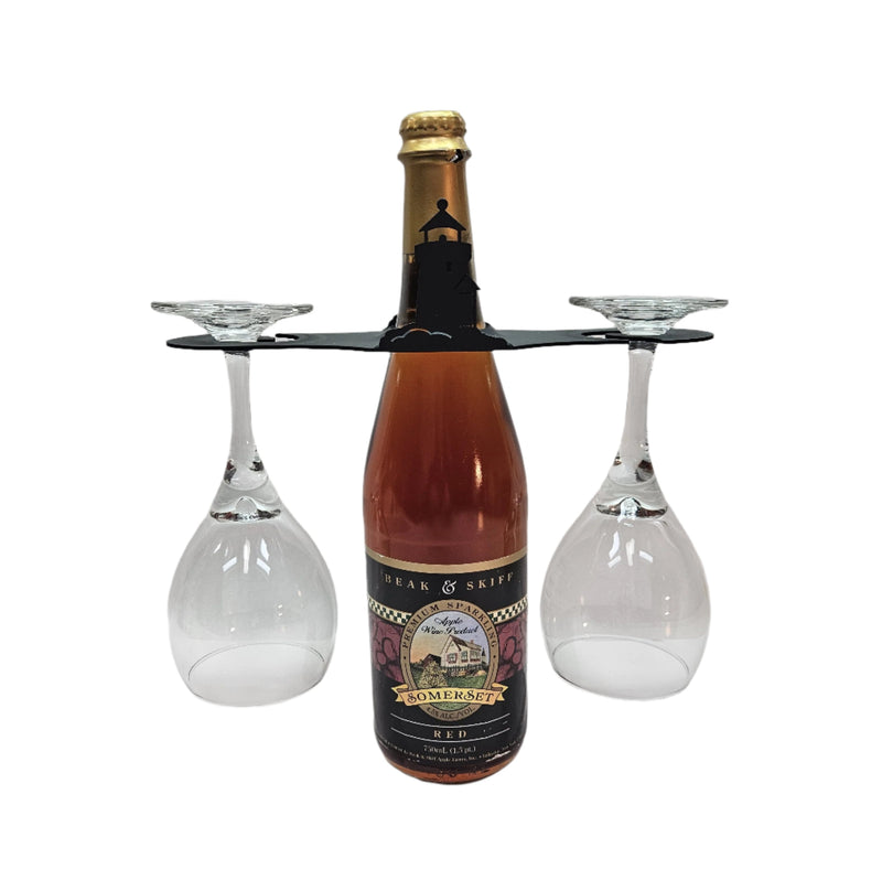 Lighthouse Wine Caddy holding a wine bottle and two glasses, ideal for elegant wine display and storage in home bar or kitchen decor.