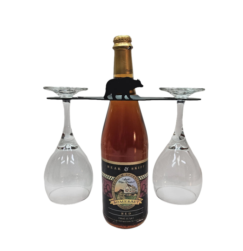 Bear Wine Holder for 2 Glasses securely balances on a wine bottle, ideal for compact wine storage and display in home decor or gifting.