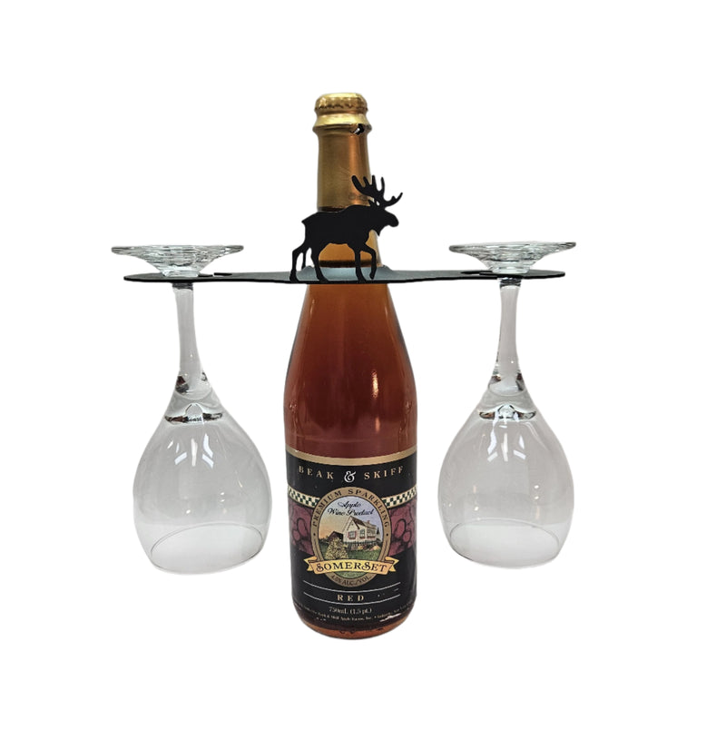 Moose Wine Caddy for Two Glasses securely holds a wine bottle and two glasses with a moose silhouette design, ideal for compact wine storage.