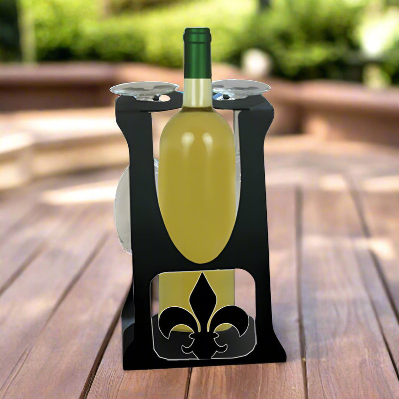 Fleur de lis wine glass holder for 2 glasses with wine bottle slot, black metal design, ideal for tabletop wine storage and display.