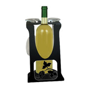 Compact black wine glass holder with grapevine design, holds 2 glasses and 1 bottle. Ideal for wine storage in modern kitchens or bars.