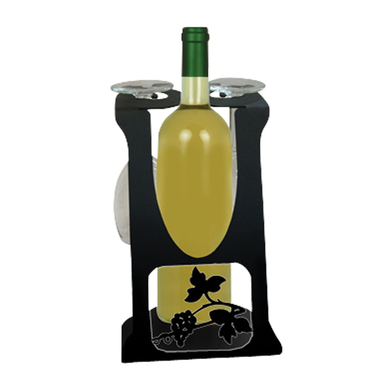 Compact black wine glass holder with grapevine design, holds 2 glasses and 1 bottle. Ideal for wine storage in modern kitchens or bars.