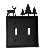 Rustic Double Deer w Trees Switch Cover Double in black metal fits two switches, perfect for cabin or lodge-style electrical wall plate upgrades.