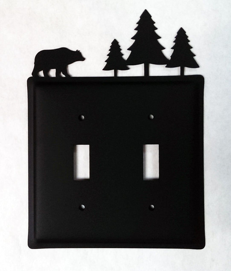 Double Bear & Pine Trees Switch Cover Double in matte black metal with silhouette of a bear and pine trees, fits two toggle switches.