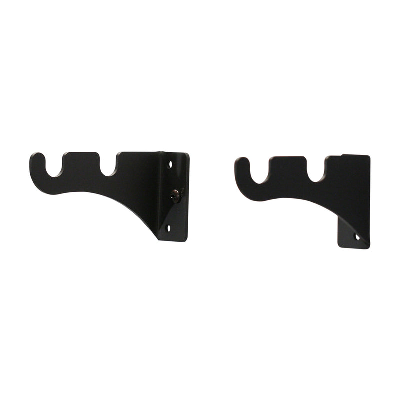 Pair of black Curtain Brackets For Two 1/2 Inch Rods with mounting holes, designed for secure installation and double rod support.