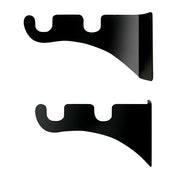 Close-up of black metal Curtain Brackets For Two 1/2 Inch Rods, highlighting curved design for stylish and functional window treatments.