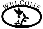 Decorative Hummingbird Welcome Sign Small in black metal with floral and bird design, perfect for home and garden wall décor.